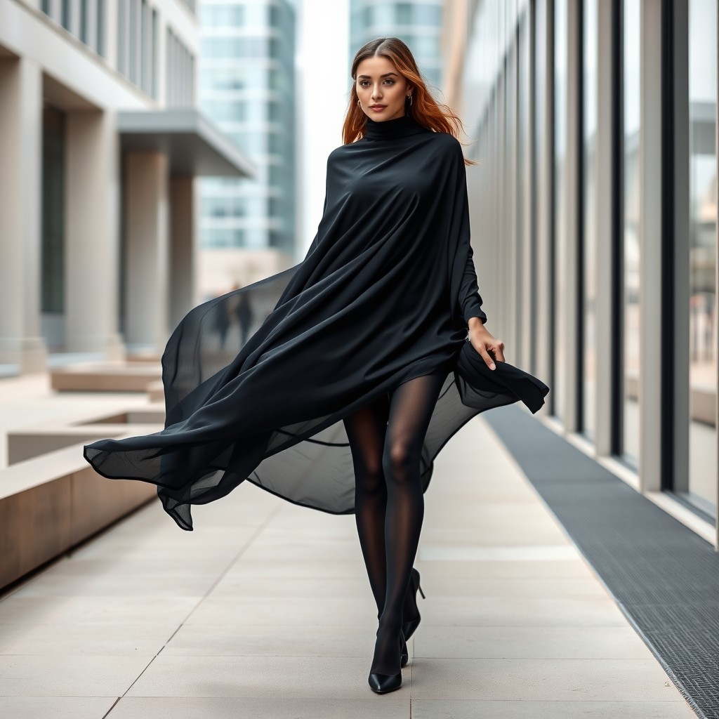 A woman elegantly attired in a thick, flowing black chadori, complemented by sleek black tights and fashionable black high heels
