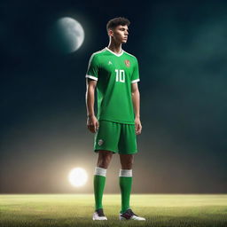 A youthful male figure, prominently donning the Algerian national team shirt, positioned under the melancholic glow of a night moon. Render this image with stunning 8K resolution detail.