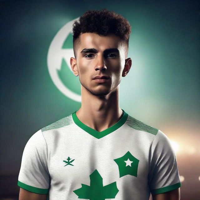 A youthful male figure, prominently donning the Algerian national team shirt, positioned under the melancholic glow of a night moon. Render this image with stunning 8K resolution detail.