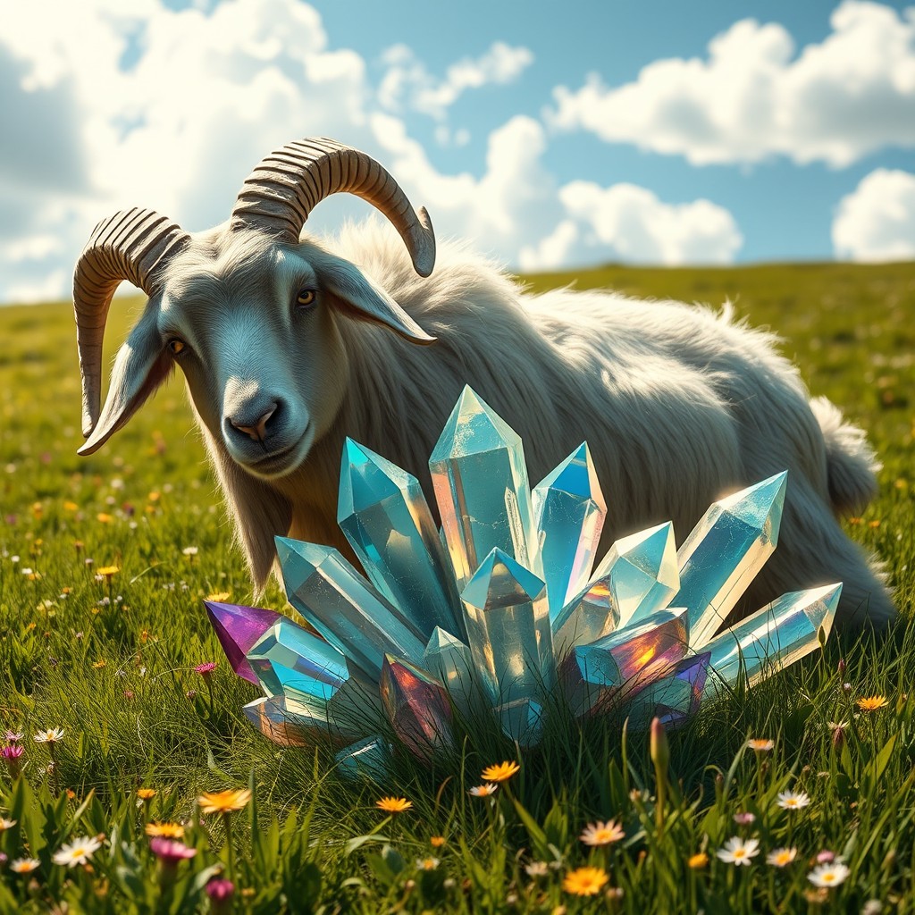 A beautifully detailed, mythical scene featuring a goat grazing peacefully around a cluster of shimmering dilithium crystals