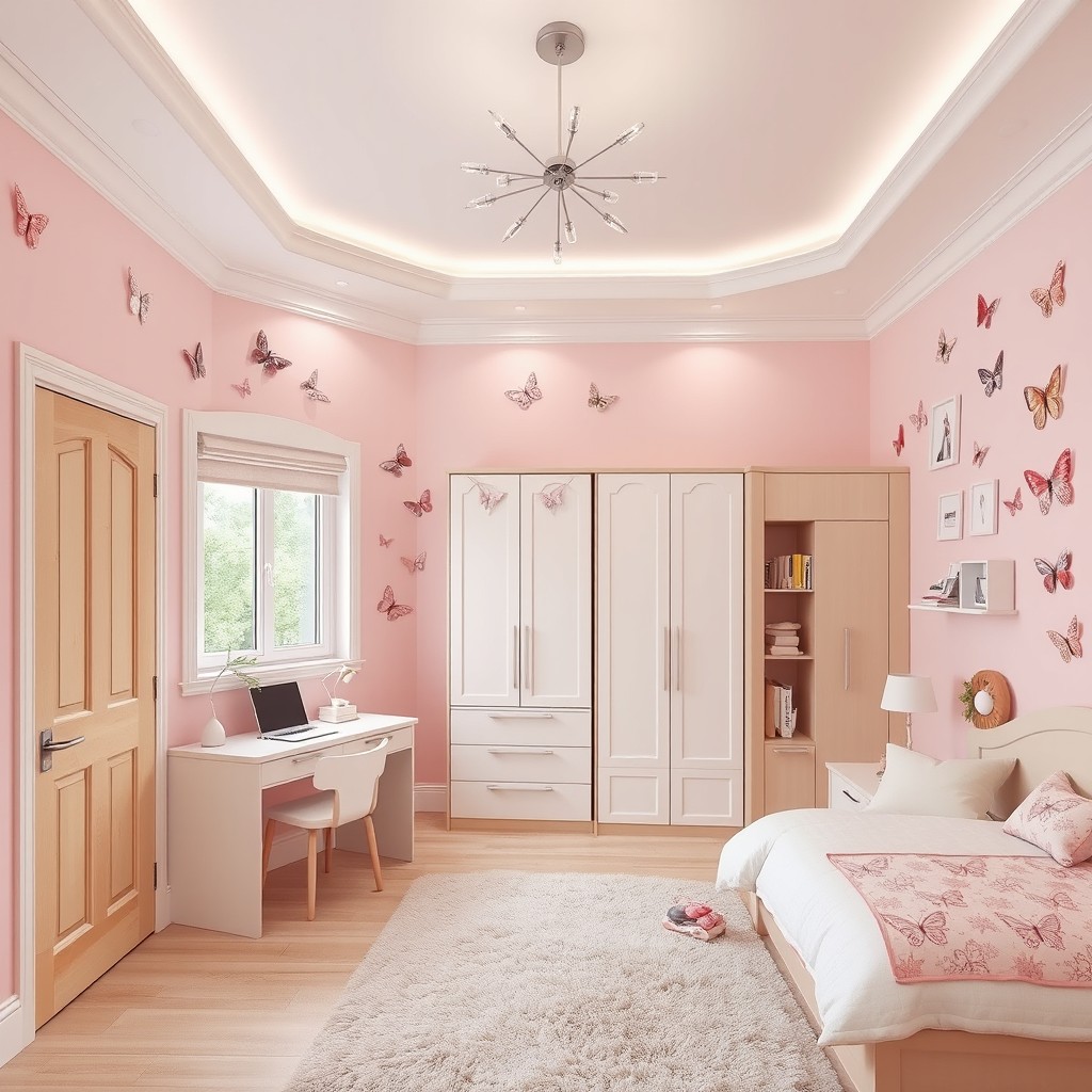 A delicate pink and very light beige children's bedroom themed with butterflies, measuring 3