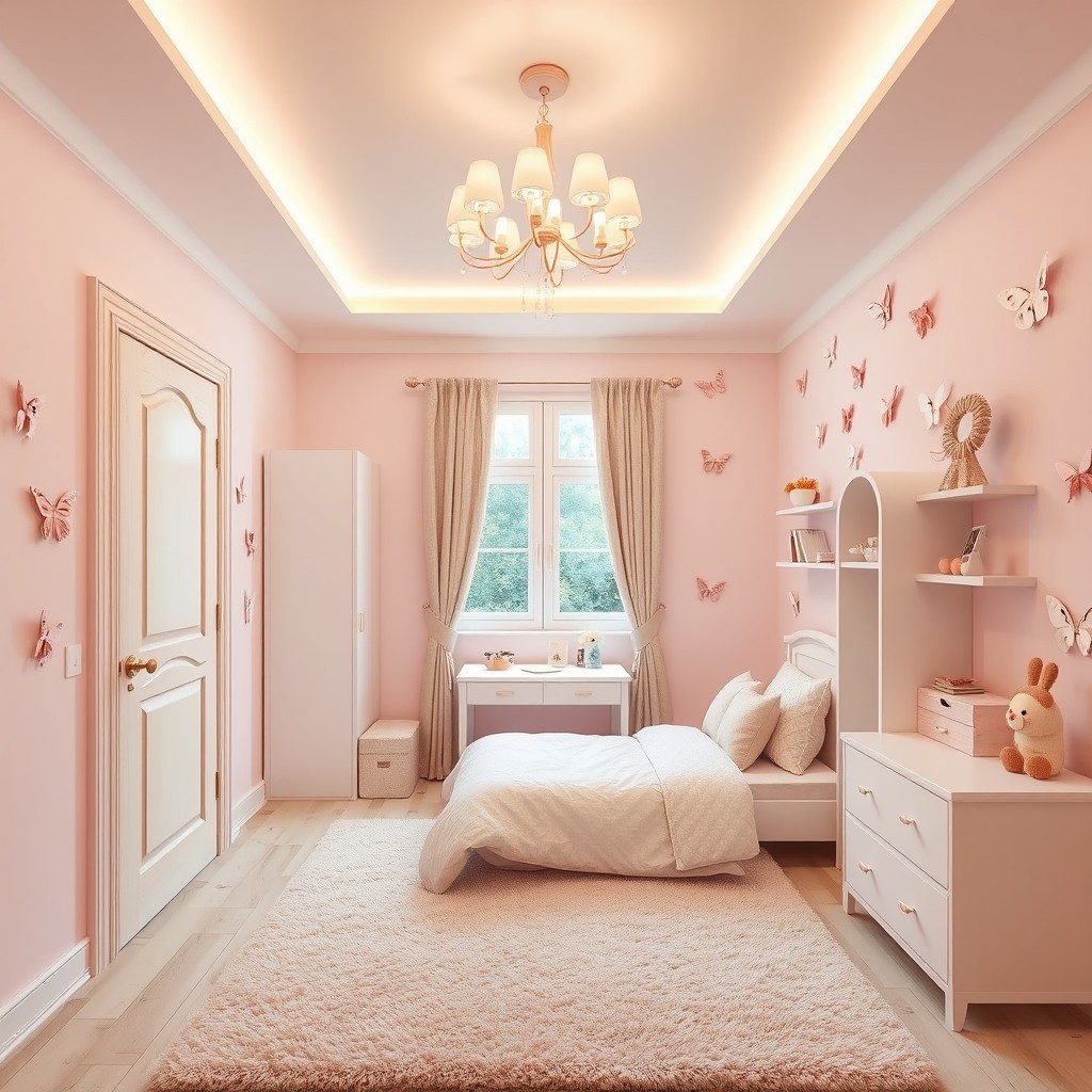 A delicate pink and very light beige children's bedroom themed with butterflies, measuring 3