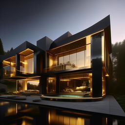 An elaborate depiction in 8K resolution and 1080HP picture quality of an avant-garde mansion, featuring sharp architectural lines and built with gold, black carbon fibre, and glass, reflecting sophisticated opulence.