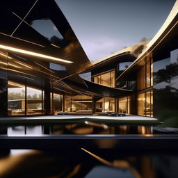 An elaborate depiction in 8K resolution and 1080HP picture quality of an avant-garde mansion, featuring sharp architectural lines and built with gold, black carbon fibre, and glass, reflecting sophisticated opulence.