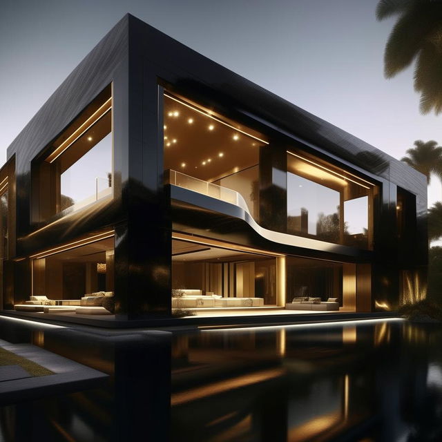 An elaborate depiction in 8K resolution and 1080HP picture quality of an avant-garde mansion, featuring sharp architectural lines and built with gold, black carbon fibre, and glass, reflecting sophisticated opulence.