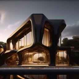 An elaborate depiction in 8K resolution and 1080HP picture quality of an avant-garde mansion, featuring sharp architectural lines and built with gold, black carbon fibre, and glass, reflecting sophisticated opulence.