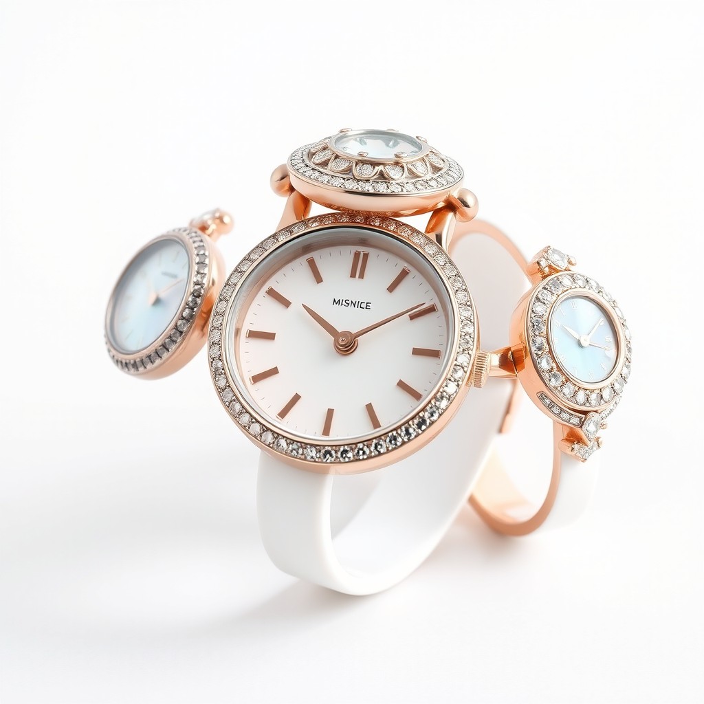 A female ring watch design that combines elements from three distinct watch styles: 1) A classic vintage watch with an ornate silver casing and delicate floral motifs on the watch face