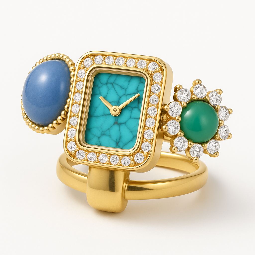 combine 3 watch design and create an image of my new ring watch for female. ring watch should have 3 pieces to be worn on 2 consecutive fingers as picture one named: fossil watch. Use the design of main dial from picture named 2127318, and use two side pieces from the picture named abc.