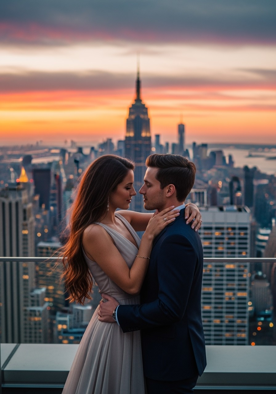 A beautiful woman with long flowing hair in an elegant dress embracing a handsome man in a stylish suit on the rooftop of a skyscraper in New York City at sunset