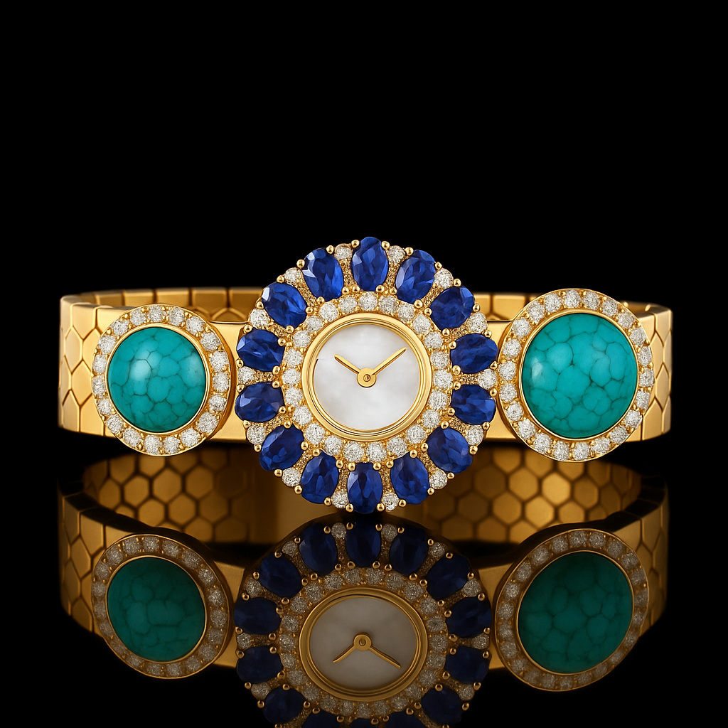 That seems good but make all pieces in round shape, central piece should be like the watch in picutre 2127318, with surrounding saphire stones.