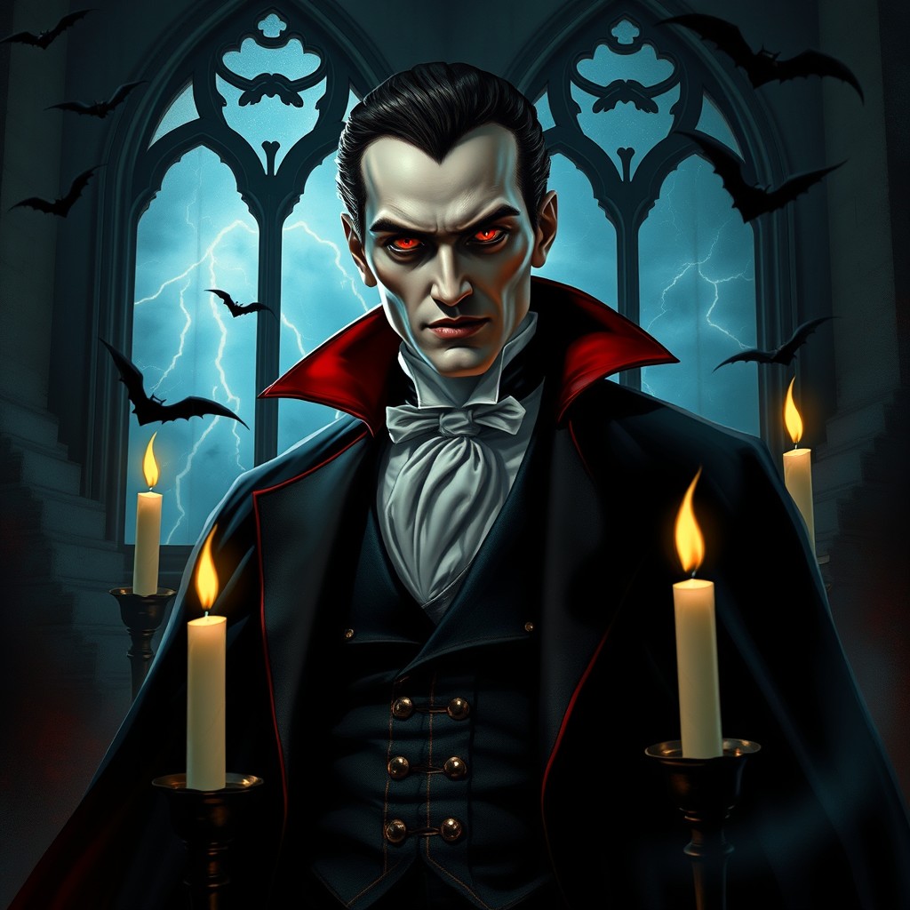A captivating interpretation of Dracula, portrayed as a dashing and charismatic vampire lord in a dark, gothic castle setting