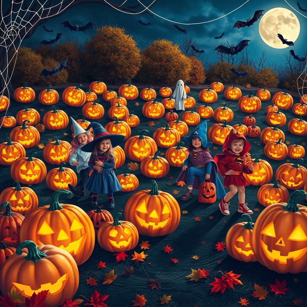 A vibrant and festive Halloween scene featuring a spooky pumpkin patch illuminated by glowing jack-o'-lanterns
