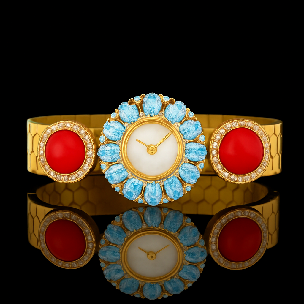 From this picture, please change colors from green to bright red and change main dial's saphire colors from blue to shiny lighter blue color.
