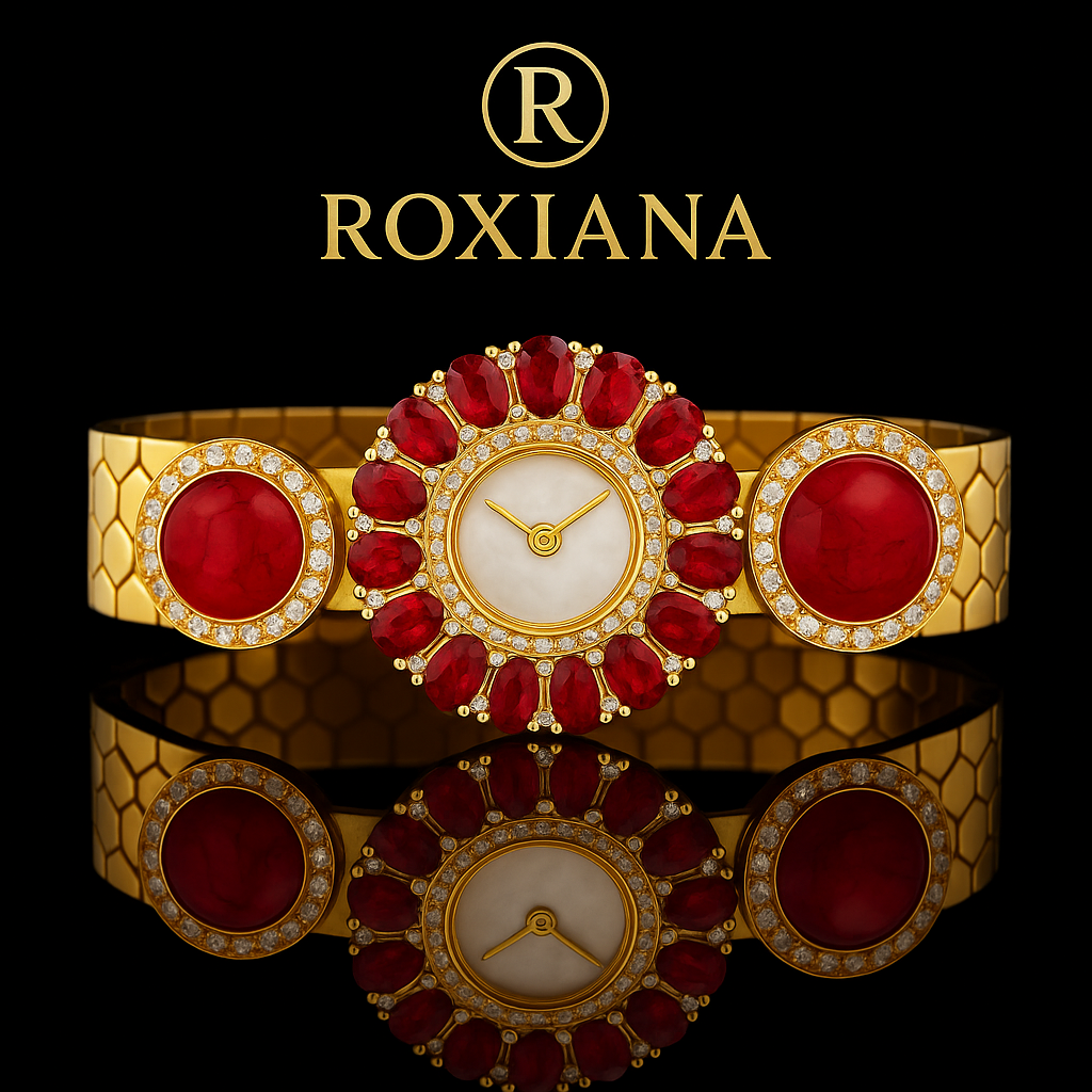 From this picture, please change colors from green to red color. Also write brand name "Roxiana" with the logo.