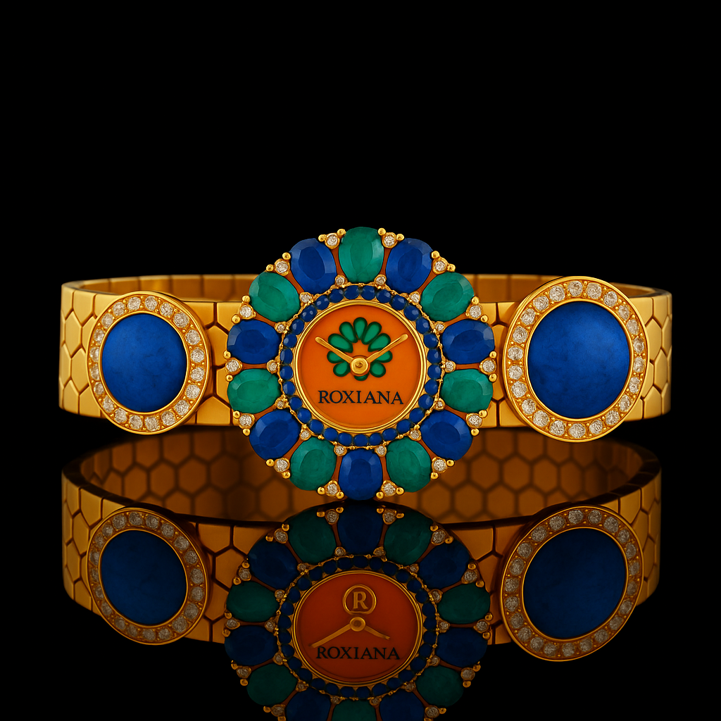 From this picture, please change color scheme to put orange, green, blue combinations. Also write brand name "Roxiana" with the logo inside the dial.