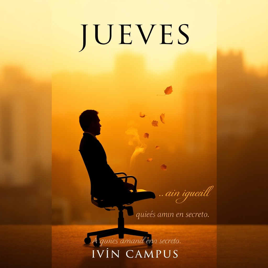 A minimalist book cover for a romantic novel titled "JUEVES", featuring a solitary figure silhouetted against a soft, blurred urban background during golden hour