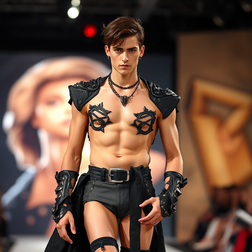 A handsome male model with a slim physique showcases an avant-garde haute couture outfit designed by Alexander McQueen, standing on a runway