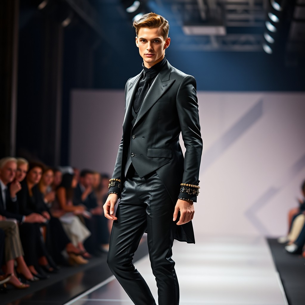 A handsome male model showcasing a slim silhouette on the runway, dressed in a stunning Alexander McQueen haute couture outfit