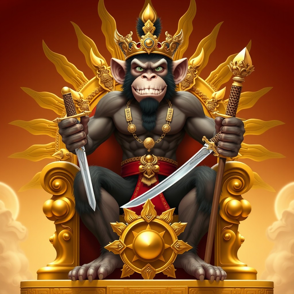 An animated monkey king character with a height of 6 feet 1 inch, displaying extremely defined muscles but of average size