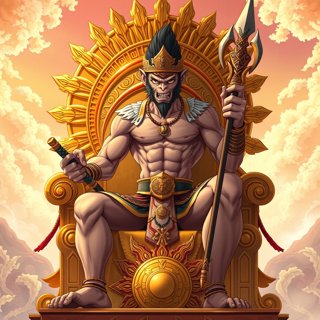 An anime-style depiction of a teenage monkey king boy, standing at 6 feet 1 inch, with extremely defined muscles of average size