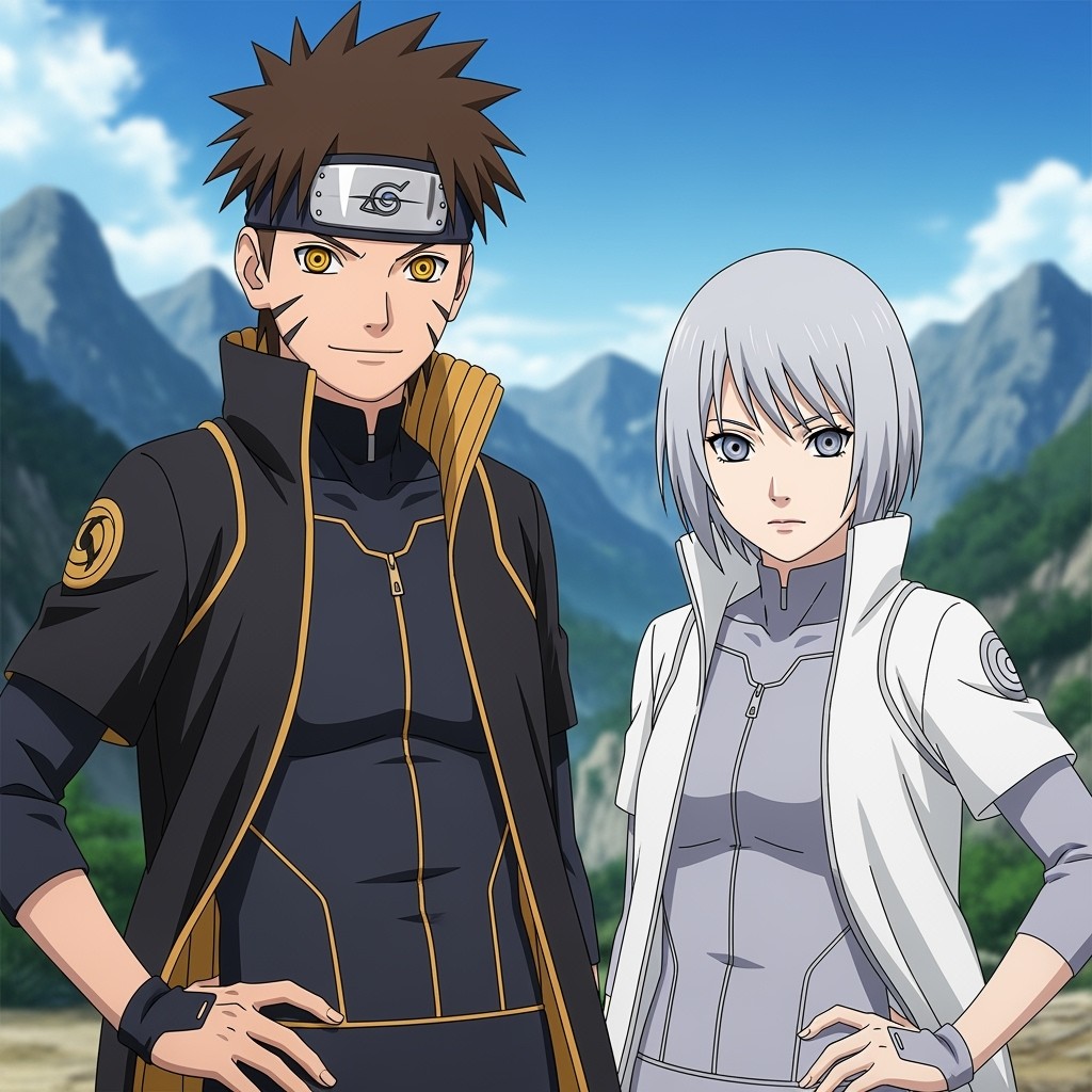 An anime boy with striking golden eyes and brown spiky hair, wearing a sleek black and gold compression suit complemented by a stylish black and gold jacket