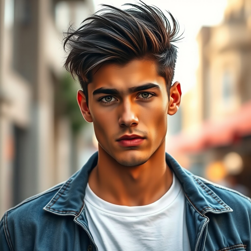 A stylized portrait of a young man named Tərlan, showcasing striking features with sharp cheekbones and deep-set expressive eyes