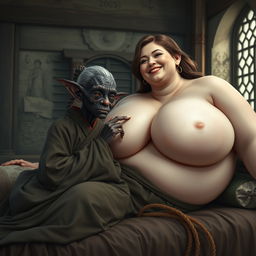 Inside a medieval room, a very small, elderly female goblin with dark black skin and a malnourished look is lying on a large medieval bed