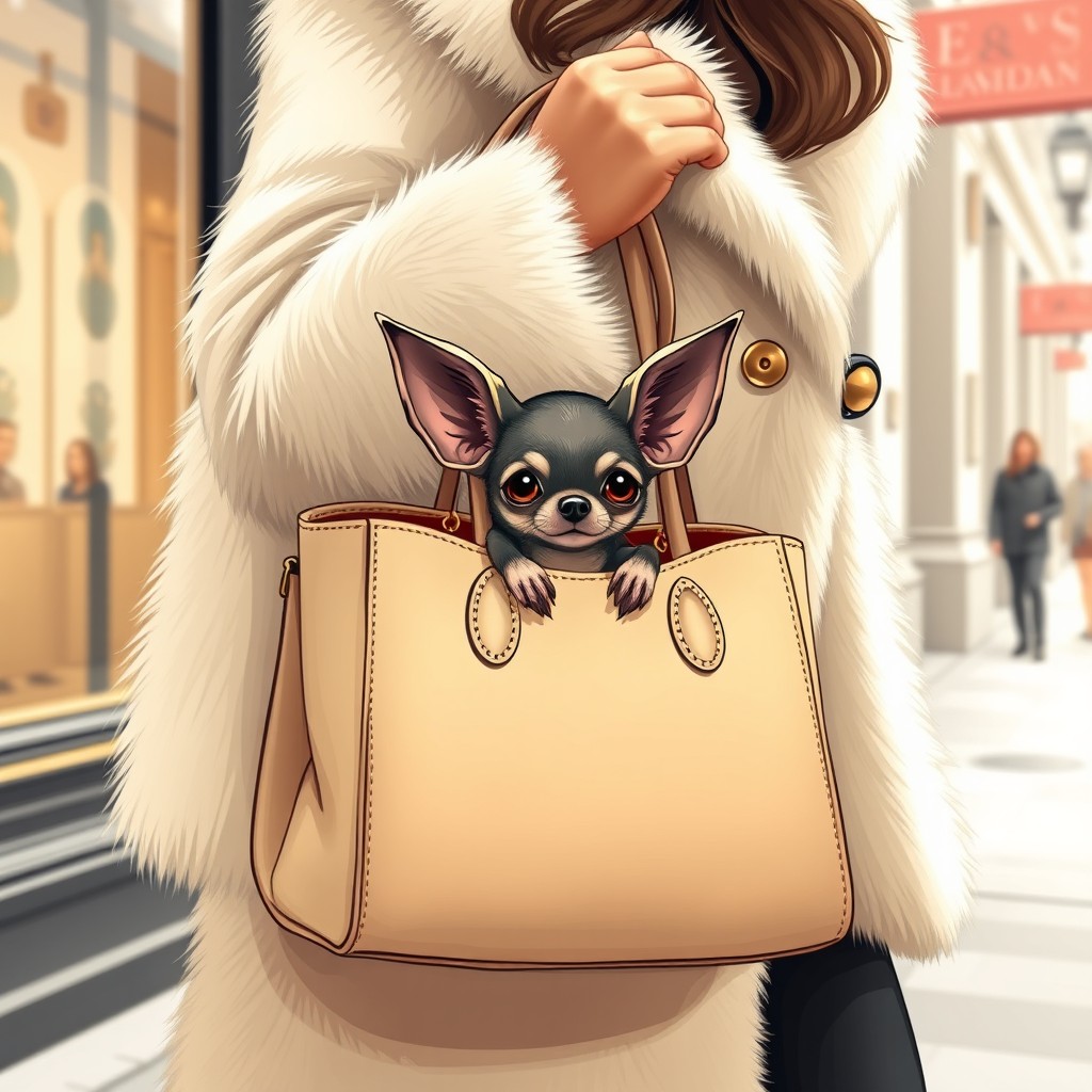 A humorous fantasy illustration featuring a small bat cleverly disguised as a chihuahua, sitting proudly inside a luxurious beige designer handbag