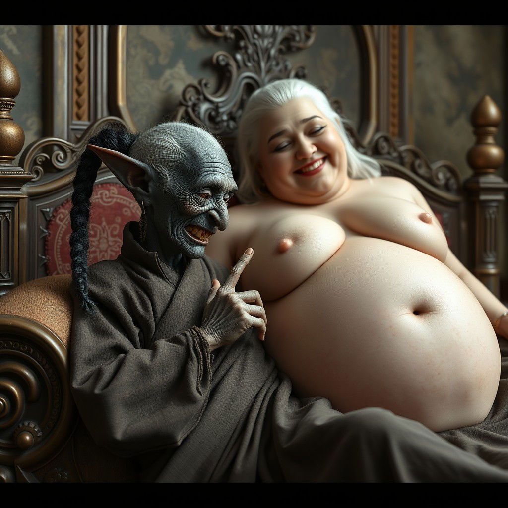 In a lavish medieval bedroom, a tiny elderly female goblin lies on an elaborately crafted bed