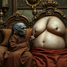 In a lavish medieval bedroom, a tiny elderly female goblin lies on an elaborately crafted bed