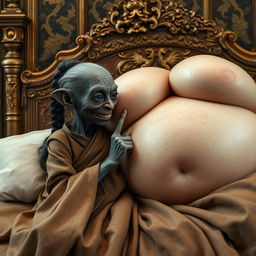 In a lavish medieval bedroom, a tiny elderly female goblin lies on an elaborately crafted bed