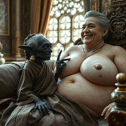 In a lavish medieval bedroom, a tiny elderly female goblin lies on an elaborately crafted bed