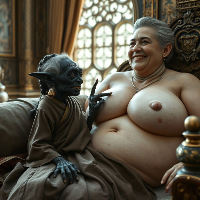 In a lavish medieval bedroom, a tiny elderly female goblin lies on an elaborately crafted bed