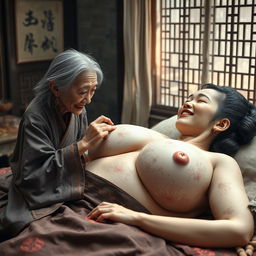 In a medieval Chinese bedroom, a scene shows a tiny, malevolent elderly Chinese woman, who is extremely small and malnourished with rotten teeth, dressed in a long, closed Buddhist robe