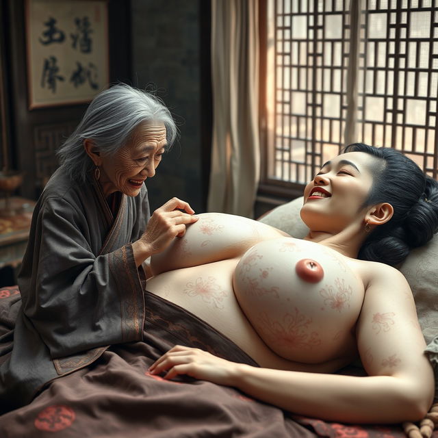 In a medieval Chinese bedroom, a scene shows a tiny, malevolent elderly Chinese woman, who is extremely small and malnourished with rotten teeth, dressed in a long, closed Buddhist robe