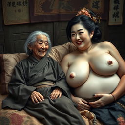 In a medieval Chinese bedroom setting, two women are depicted lying on a bed