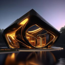 An 8K resolution and 1080HP picture quality rendering of a groundbreaking '7' shaped mansion, exhibiting sharp architectural lines and constructed with gold, black carbon fibre, and glass. An exemplar of luxurious innovation.