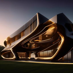 An 8K resolution and 1080HP picture quality rendering of a groundbreaking '7' shaped mansion, exhibiting sharp architectural lines and constructed with gold, black carbon fibre, and glass. An exemplar of luxurious innovation.