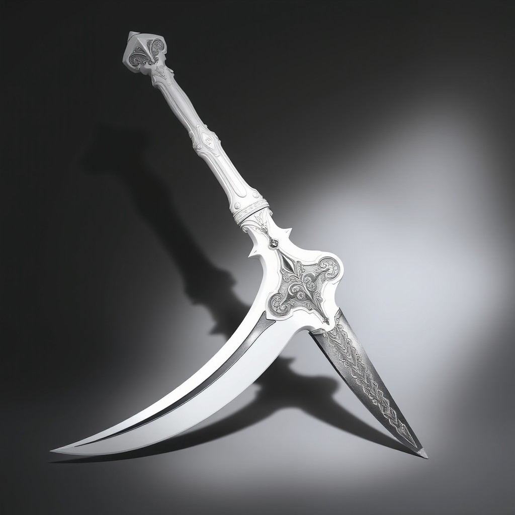 A beautifully crafted white weapon featuring a long handle resembling a sickle, equipped with a sharp, retractable blade