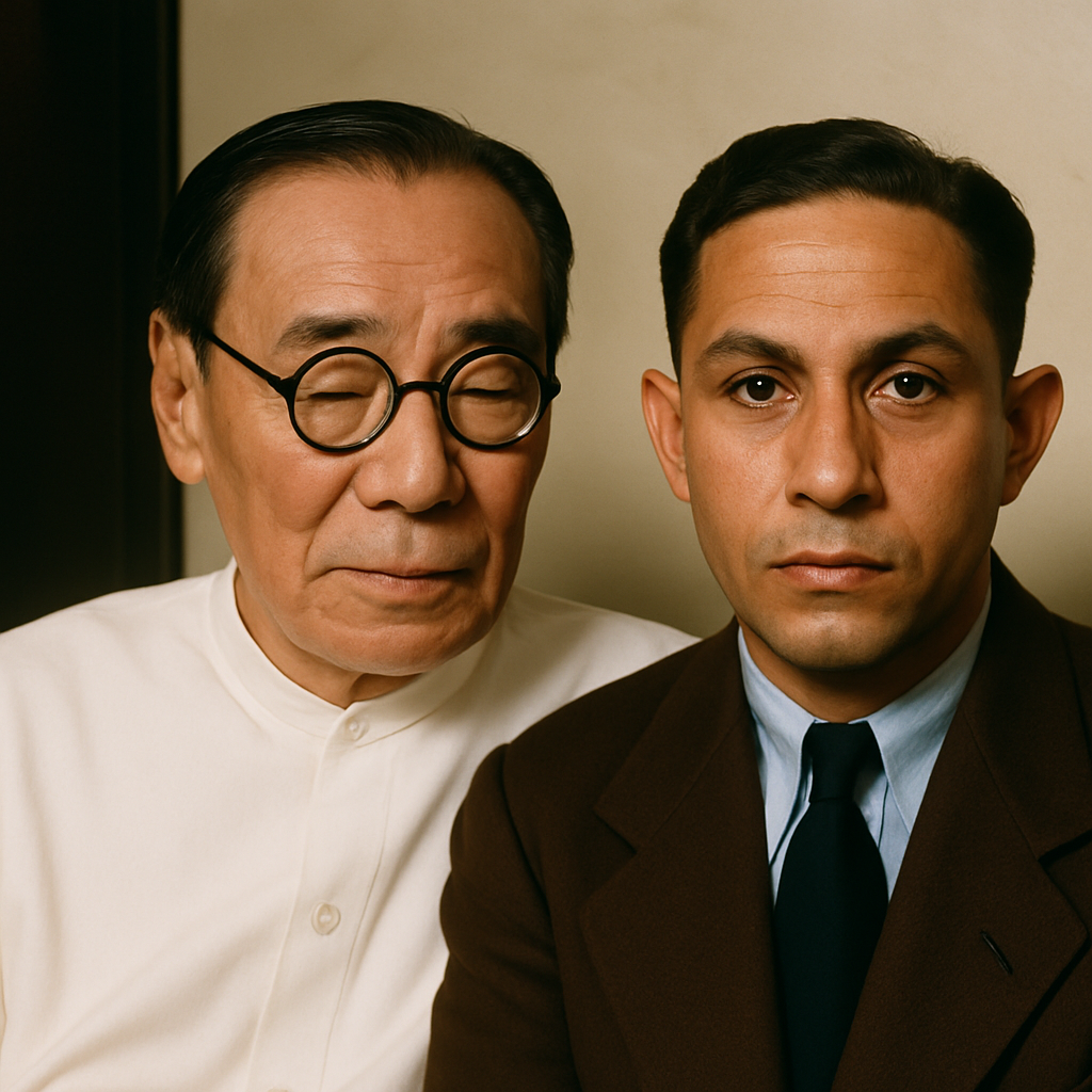 Make a colored photograph of these two men together