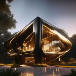 An 8K resolution and 1080HP picture quality rendering of a groundbreaking '7' shaped mansion, exhibiting sharp architectural lines and constructed with gold, black carbon fibre, and glass. An exemplar of luxurious innovation.