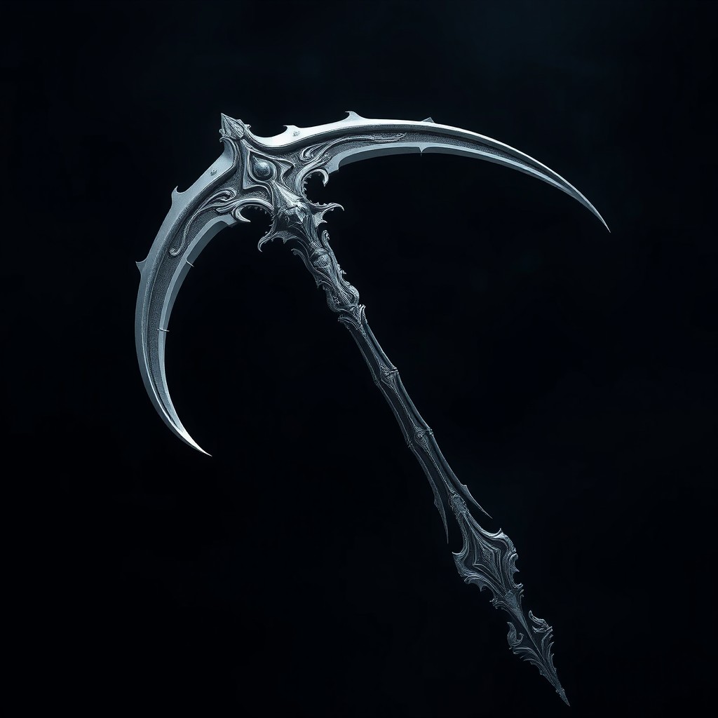 A beautifully crafted curved scythe-like weapon with a sharp, gleaming blade that elegantly folds into a long, intricately designed handle