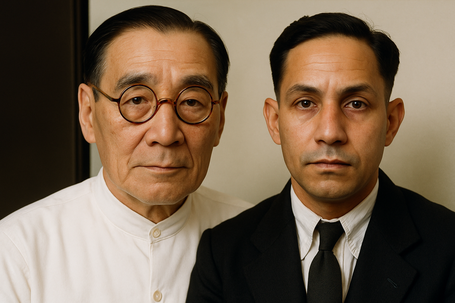 Make a colored photograph of these two men together. Make the Japanese man's eyes more open.