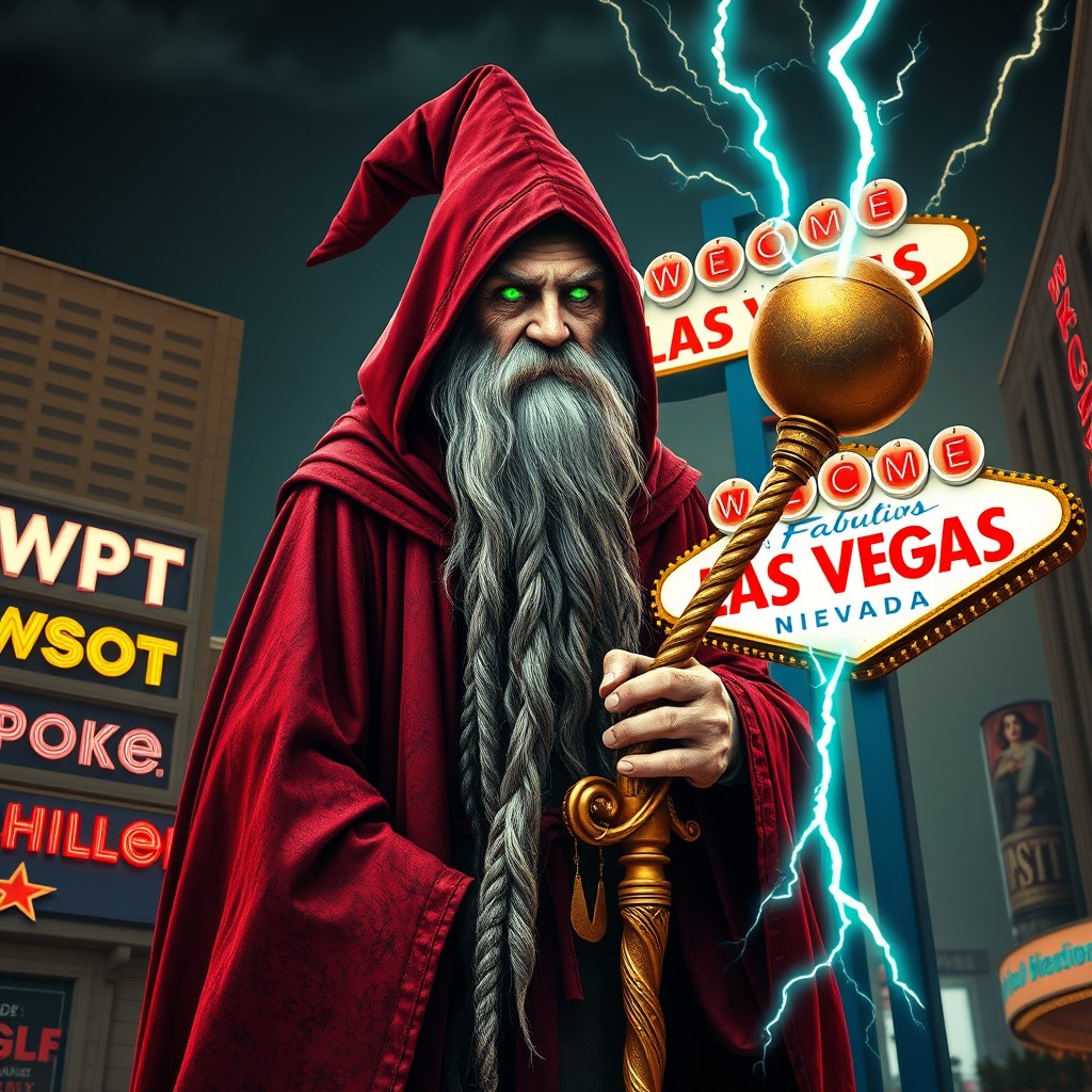 A giant wizard, towering at 7 feet tall, is depicted as a very old man dressed in a dark, dark red robe and a matching cape that is streaked with dark dirt