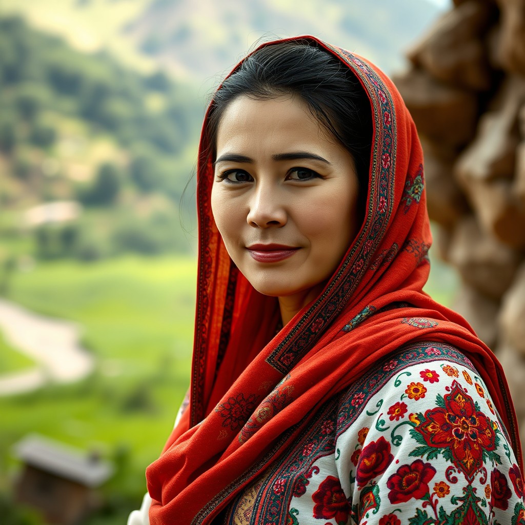 A portrait of a graceful Hazara woman dressed in traditional Hazaragi clothing