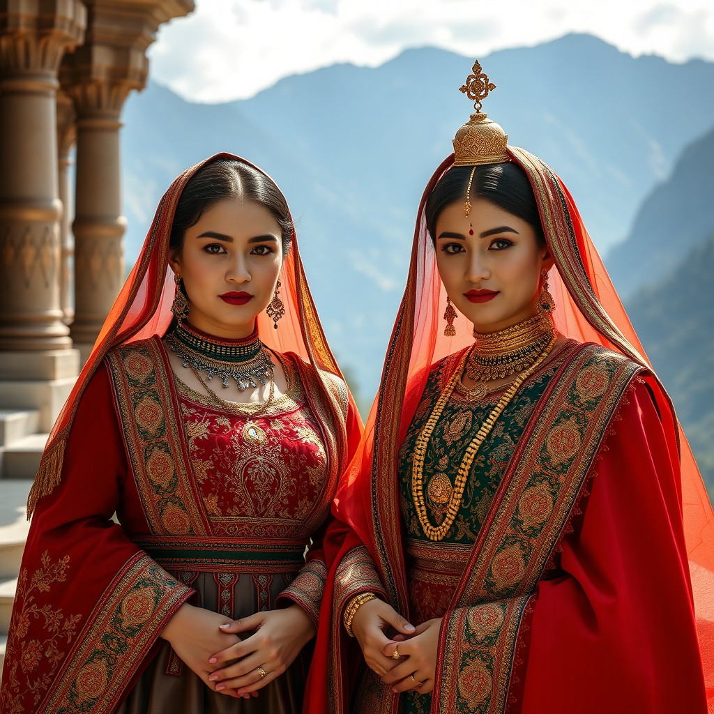 A stunning portrayal of traditional Hazara queens, showcasing their regal beauty and rich cultural attire