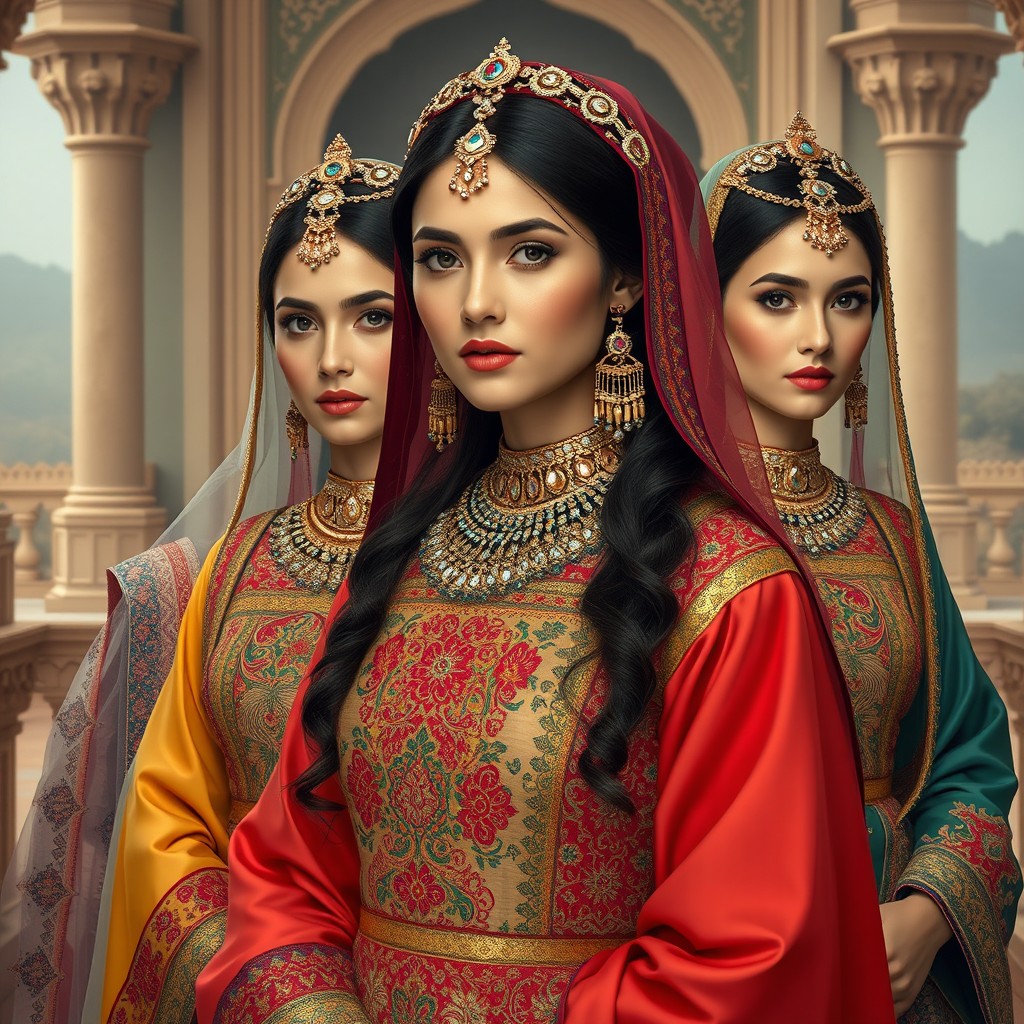 A captivating depiction of Hazara queens portraying grace and tradition, each adorned in exquisite Hazaragi attire without shal