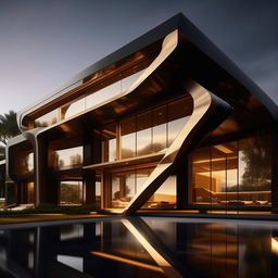 An 8K resolution and 1080HP picture quality rendering of a groundbreaking '7' shaped mansion, exhibiting sharp architectural lines and constructed with gold, black carbon fibre, and glass. An exemplar of luxurious innovation.