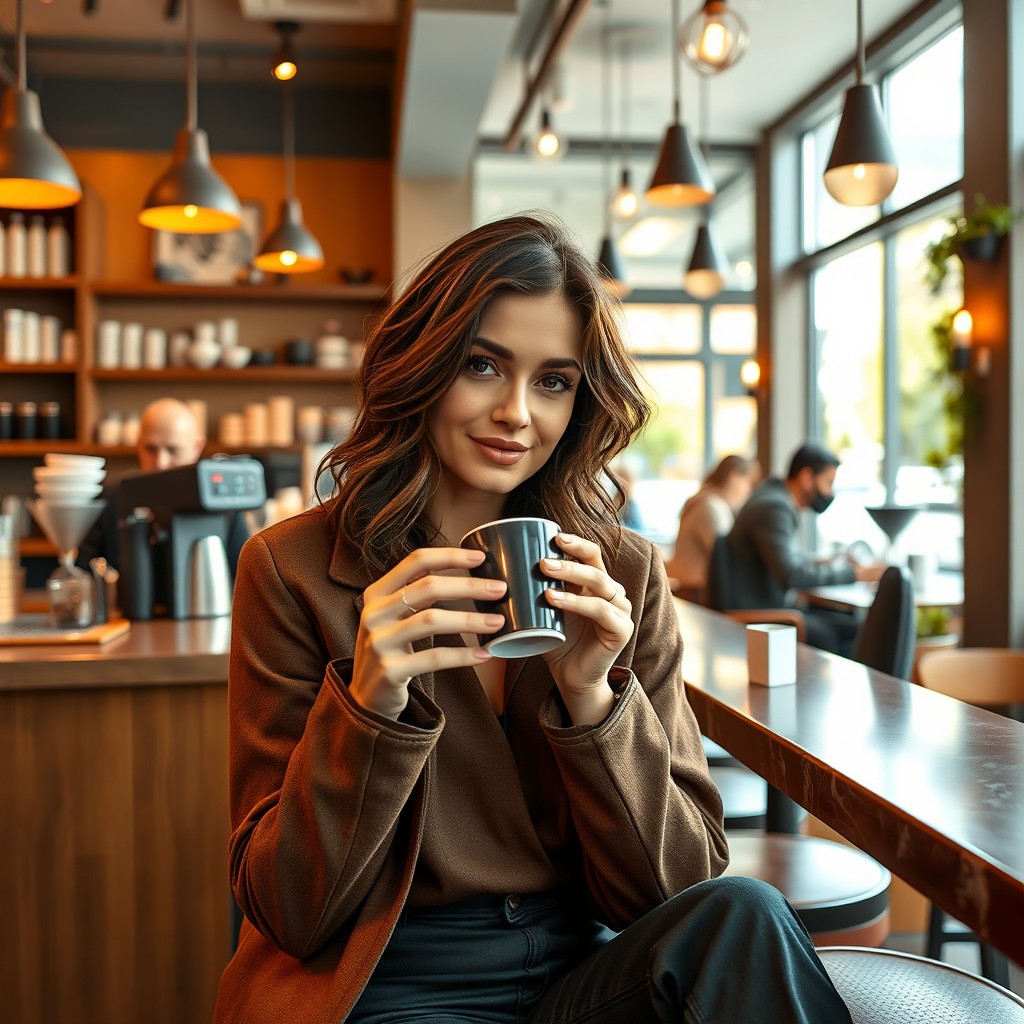 A stunning brunette resembling Barbi Benton, seated at a chic coffee bar, enjoying a hot cup of coffee