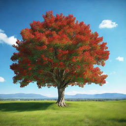 Generate a scene with a red fruit tree surrounded by a lush green meadow with a clear blue sky overhead.